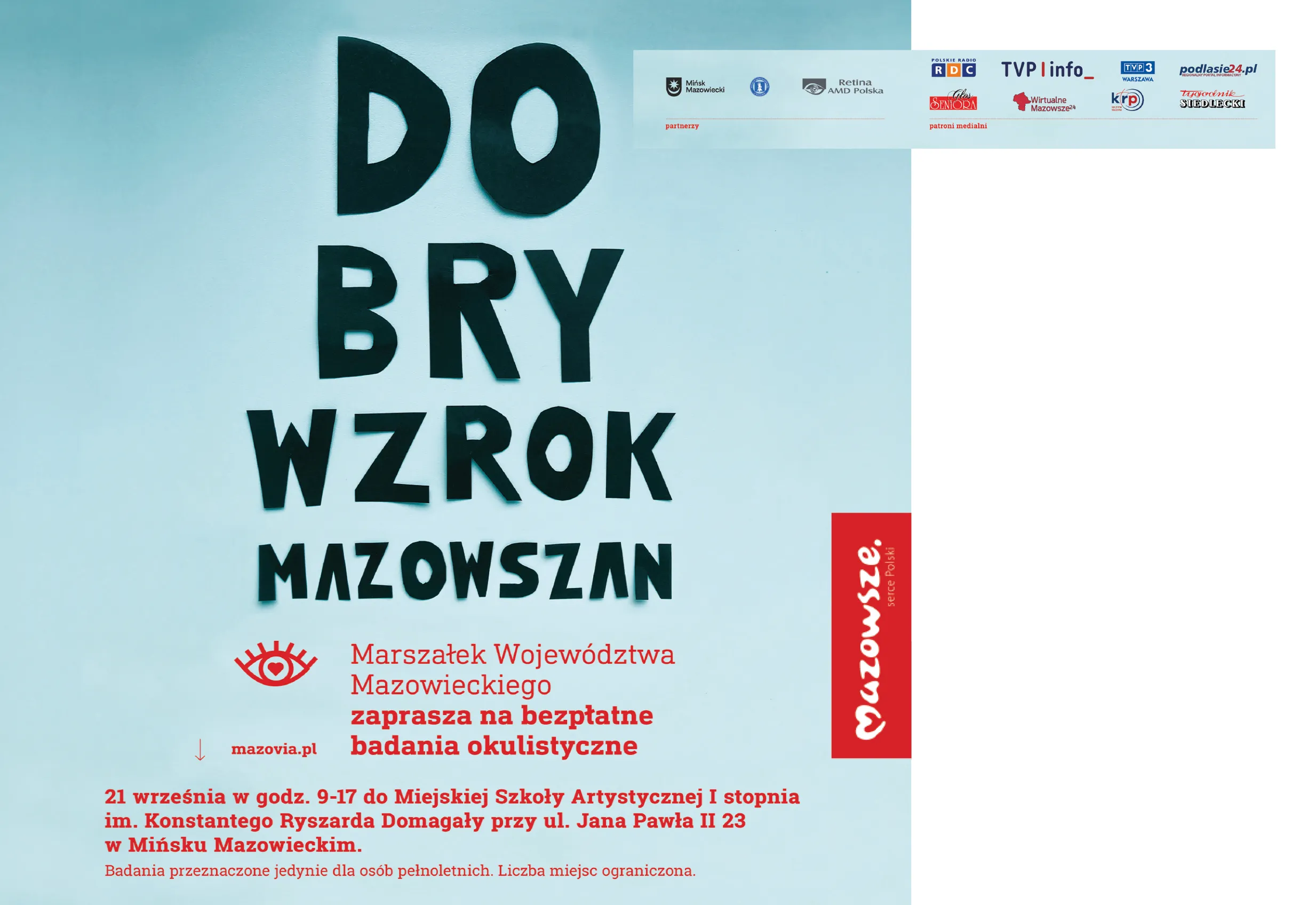 Napis "Dobry wzrok Mazowszan", informacja o bezpłatnych badaniach okulistycznych 21 września w Mińsku Mazowieckim organizowanych przez Marszałka Województwa Mazowieckiego.
